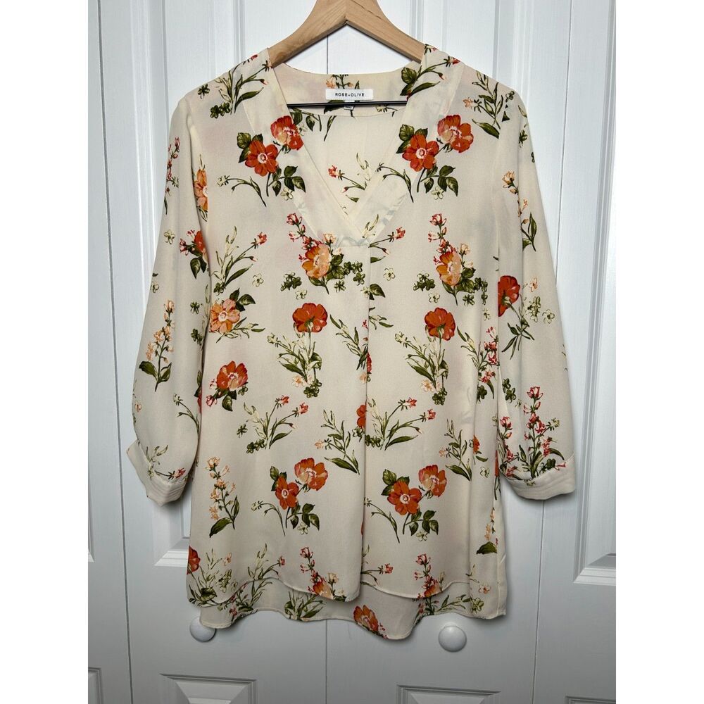 Rose & Olive Ivory Floral Poppy V-Neck Blouse Size Large